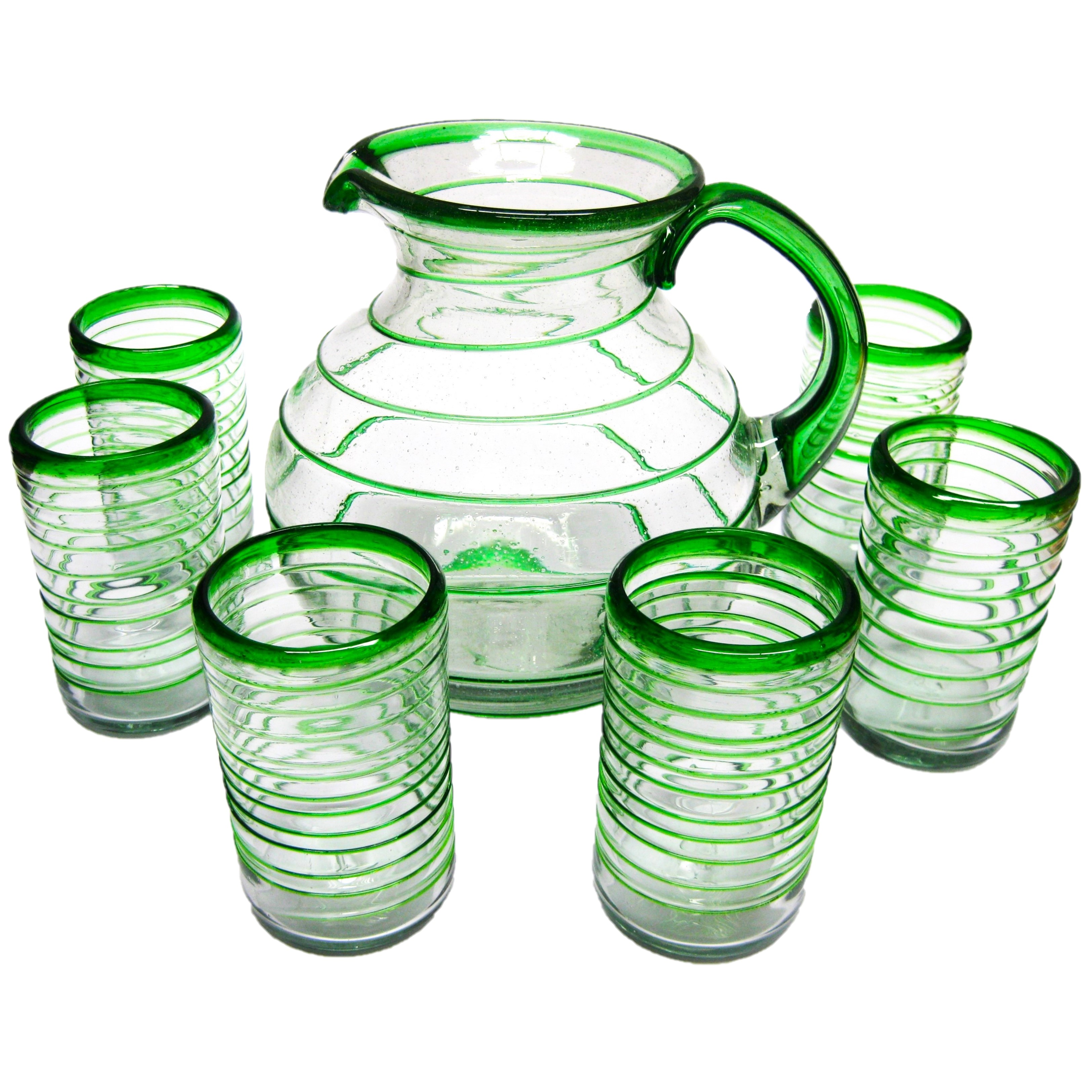 Juego de jarra y 6 vasos grandes con espiral verde esmeralda
